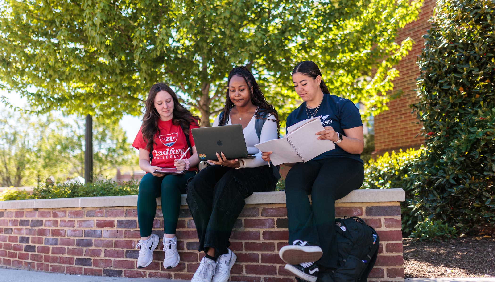 female students sitting on brick wall