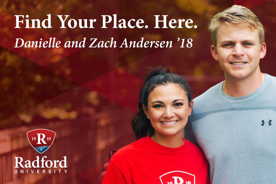 Danielle and Zach Andersen smiling with university logo and new tagline. 