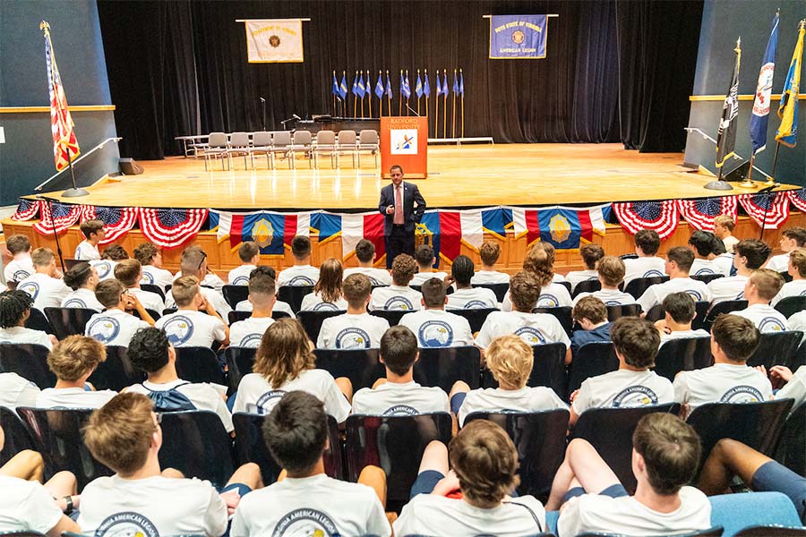 Del. Chris Obenshain talks to a group of Boys State attendees who have gathered in Preston Auditorium.