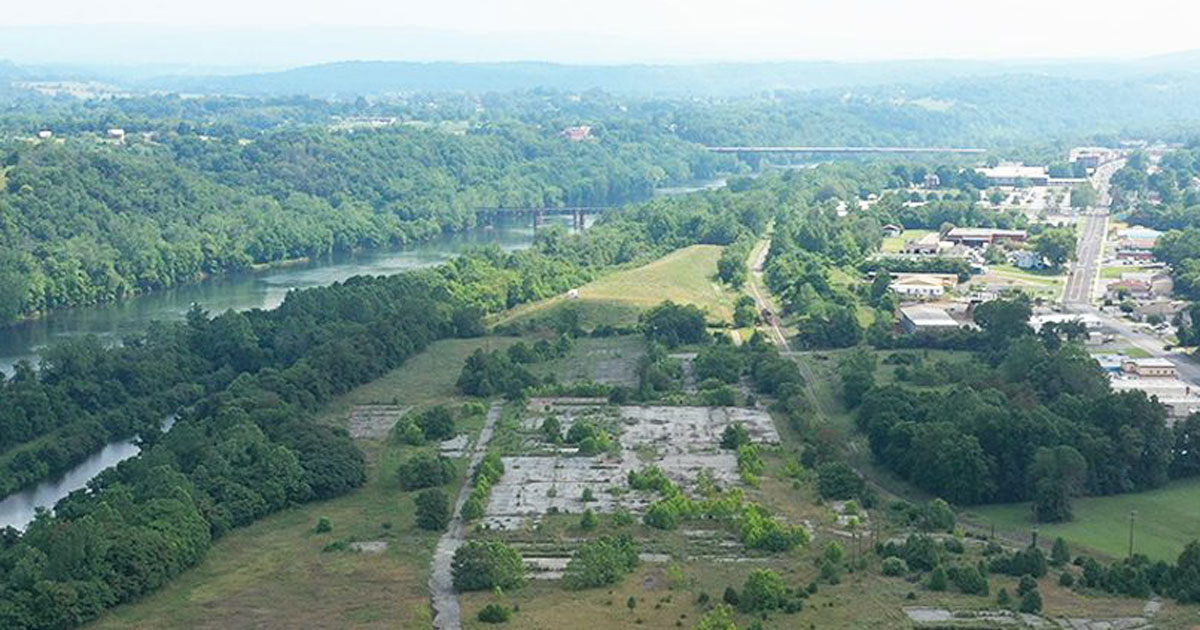 drone view of west end of Radford overlooking the former Foundry site.