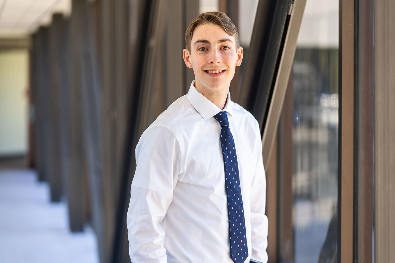 portrait of student in a skybridge